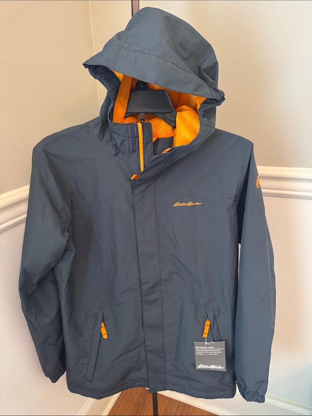 Boy’s Eddie Bauer Hooded Rainfoil Jacket SZ large-14-16 Slate Blue  Orange Lined